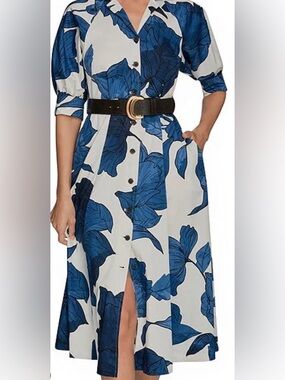 Donna Karan Blue and White Floral Midi Dress